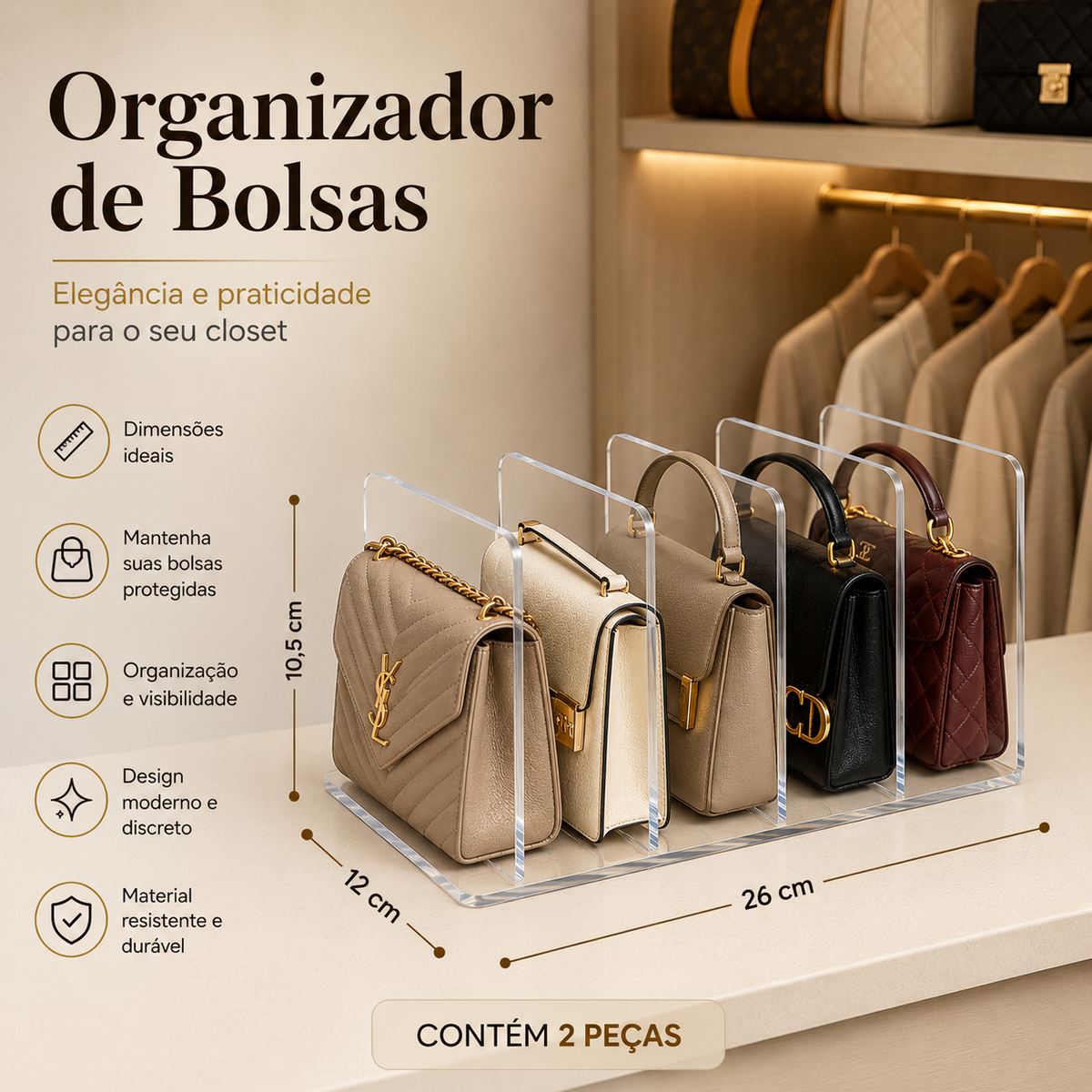 Organizador acrílico transparente para acomodar bolsas