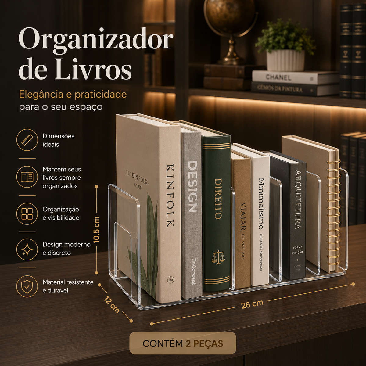 Organizador acrílico transparente para livros em estante
