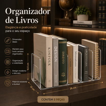 Organizador acrílico transparente para livros em estante