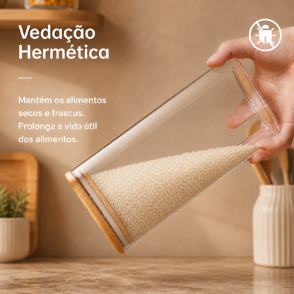 Potes herméticos de vidro transparentes com tampa de bambu