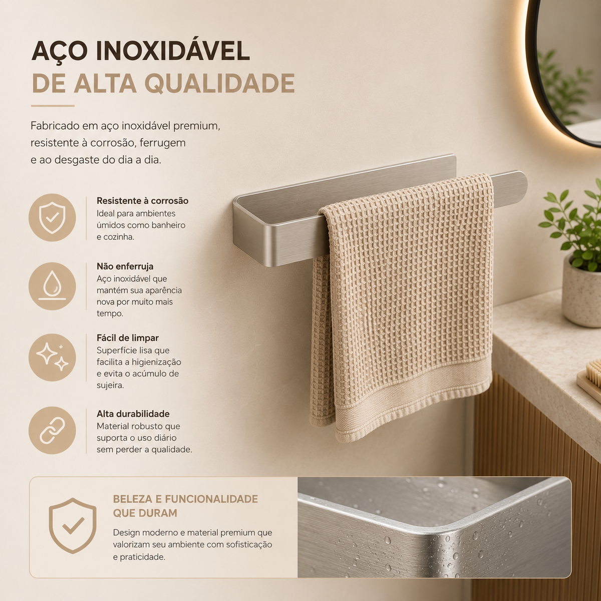 Porta-toalhas adesivo em aço inox instalado no banheiro