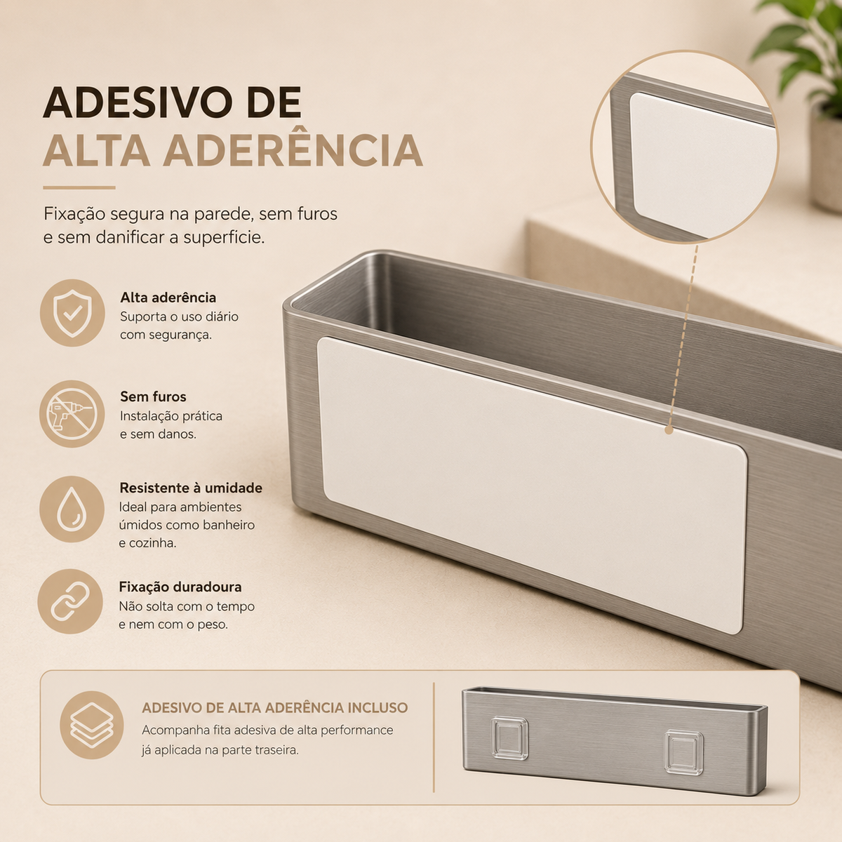 Detalhes de acabamento do porta-toalhas adesivo em aço inox